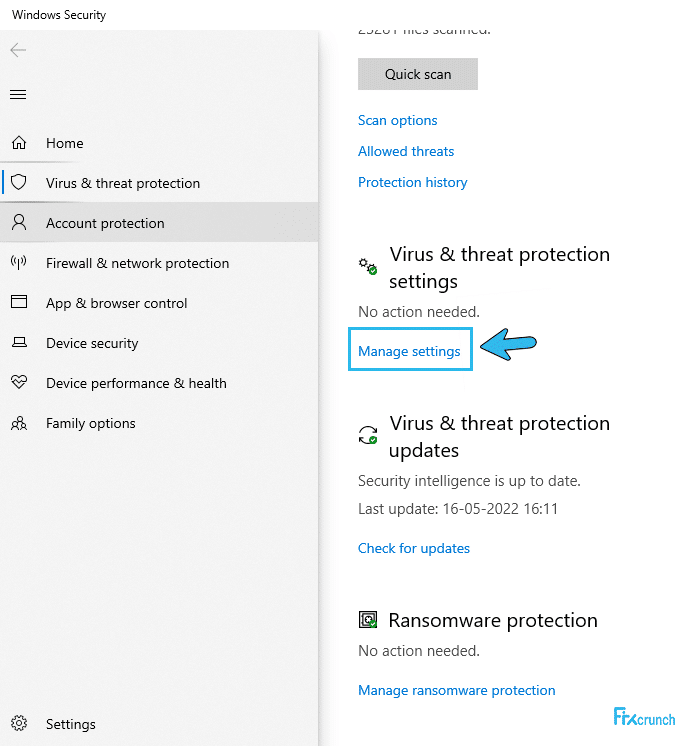Virus & threat protection settings