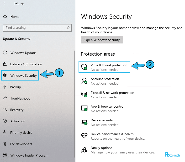 Windows Security Under Virus & threat protection