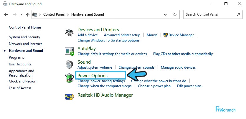 Power Options under hardware and Sound