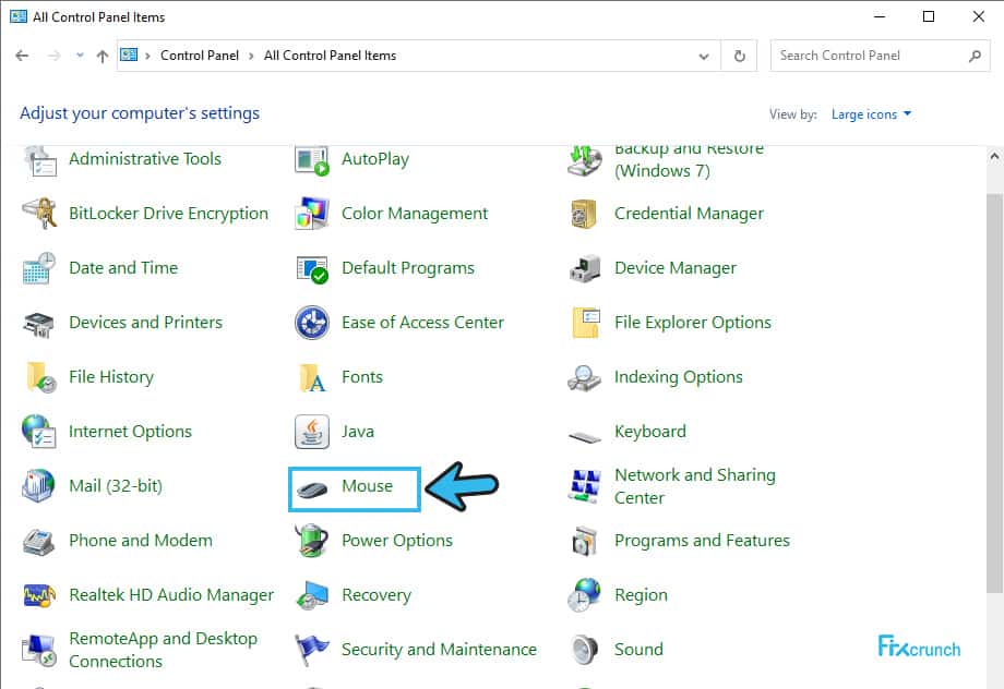 Control panel Mouse option