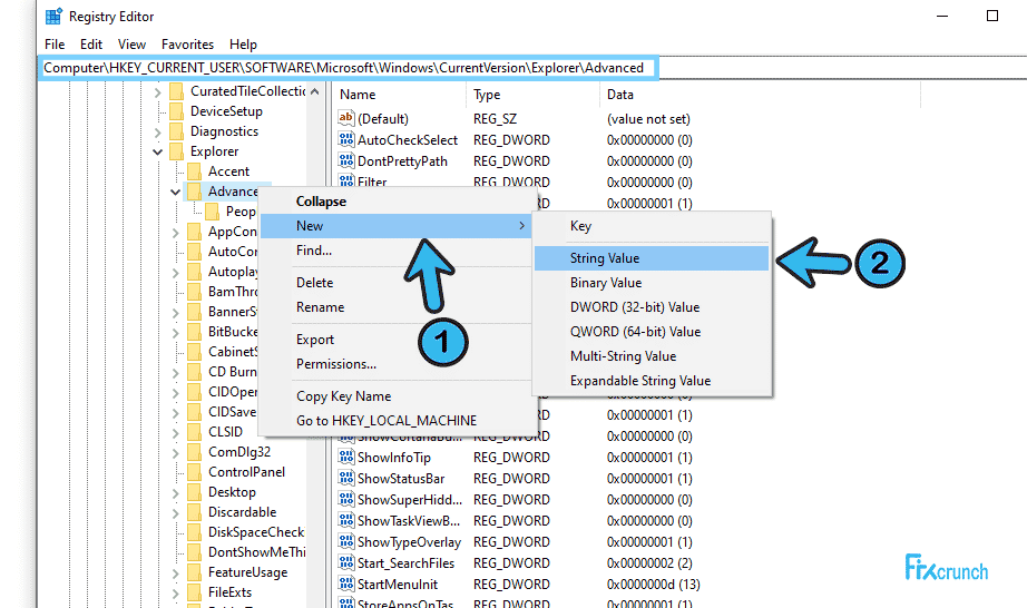 HKEY_CURRENT_USER Software Microsoft Windows CurrentVersion Explorer Advanced