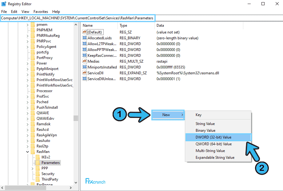 HKEY_LOCAL_MACHINE System CurrentControlSet Services Rasman Parameters