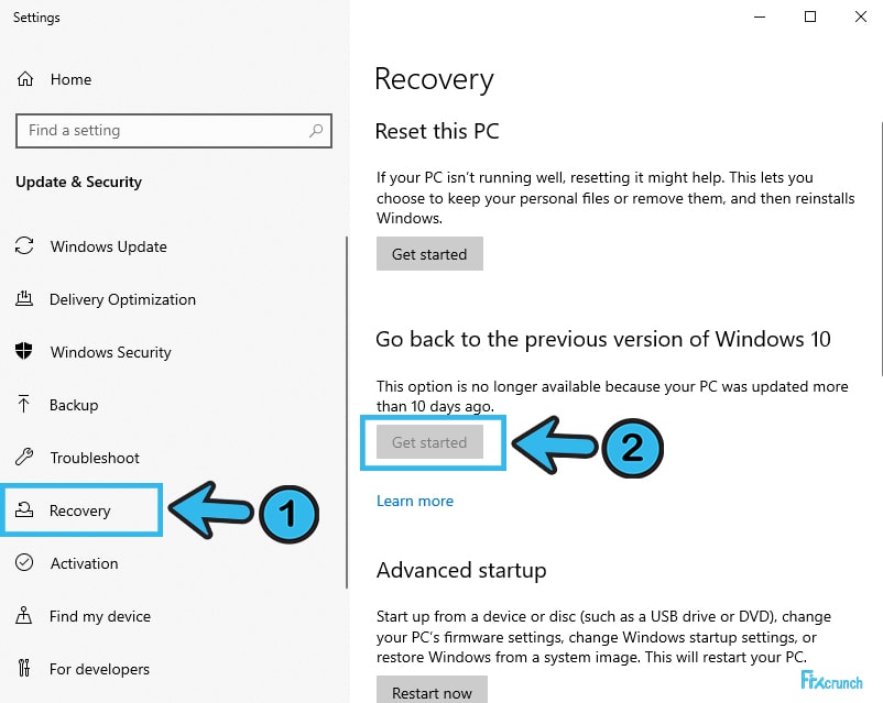Select Go back to the previous version of Windows 10