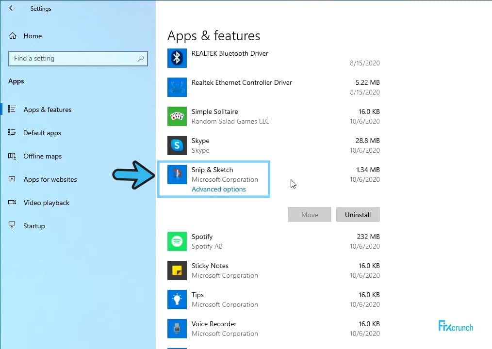 Snip & Sketch Advanced option