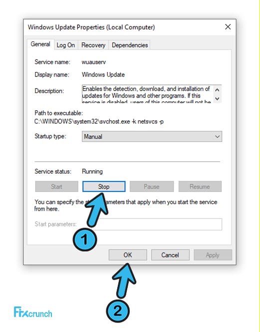 Stop Windows Update Properties