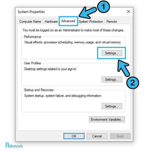 System Properties performance settings