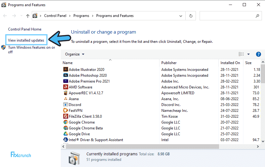 View installed updates