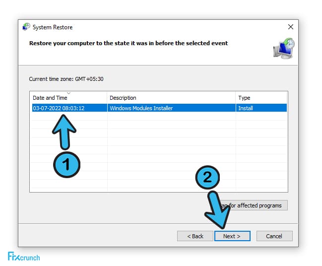 Windows System Restore next process