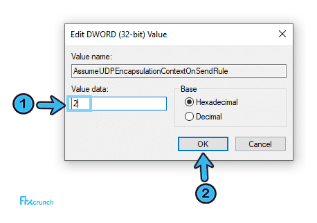chnage value AssumeUDPEncapsulationContextOnSendRule