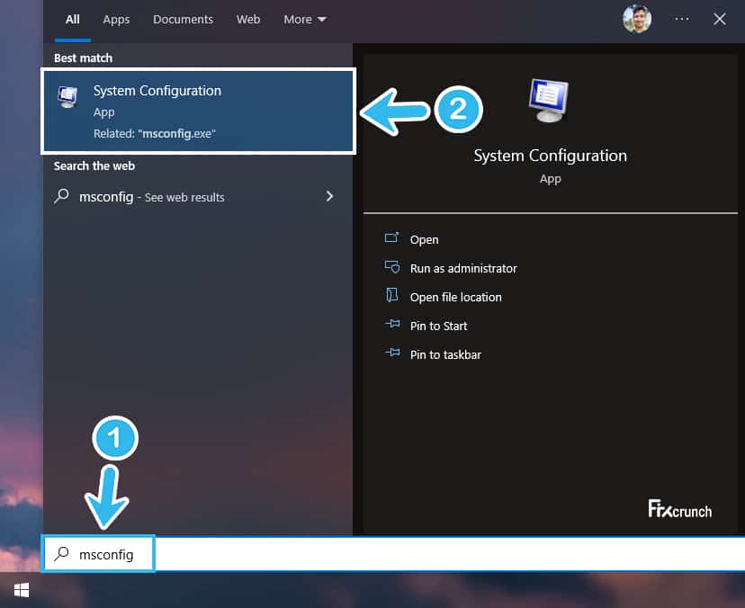 msconfig in windows search